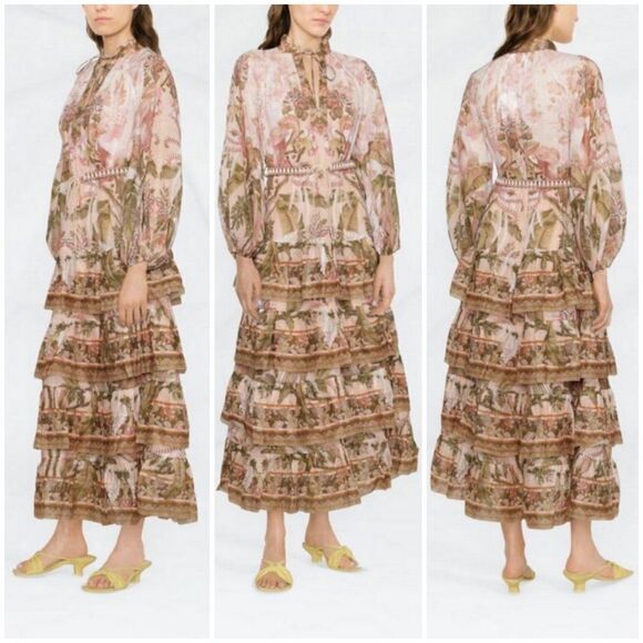 💕ZIMMERMANN💕 Lyre Ruffle Tiered Billow Sleeve Midi Dress ~ Spliced US 6 NWT - Picture 8 of 16